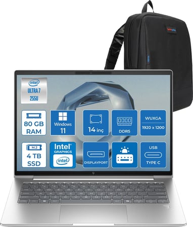 Hp Elitebook 6 G1I Intel® Core Ultra 7 255U 80GB Ddr5 4tb SSD 14" Wuxga (1920 x 1200), IPS 400 Nits  WIN11PRO Taşınabilir Bilgisayar C9XW2ETP25+ZETTAÇANTA