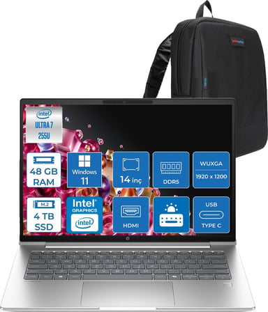 Hp Probook 4 G1I Intel® Core Ultra 7 255U 48GB Ddr5 4tb SSD 14" Wuxga (1920 x 1200), IPS 300 Nits  WIN11HOME Taşınabilir Bilgisayar C9FH1ETH15+ZETTAÇANTA