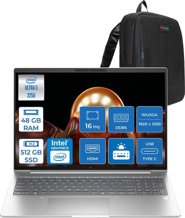 Hp Elitebook 6 G1I Intel® Core Ultra 5 225U 48GB Ddr5 512GB SSD 16" Wuxga (1920X1200) IPS 300NIT Freedos Taşınabilir Bilgisayar AD4G3ETF12+ZETTAÇANTA