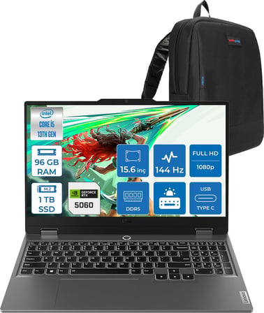 Lenovo Loq 15IRX10 Intel® Core I5-13450HX 96GB Ddr5 1tb SSD 15.6" 8GB/RTX5060 100W (1920X1080) IPS 300NITS 144Hz, G-Sync® Freedos Gaming BILG.83JE00JMTRF28+ZETTAÇANTA