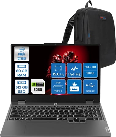 Lenovo Loq 15IRX10 Intel® Core I7-13650HX 80GB Ddr5 512GB SSD 15.6" 8GB/RTX5060 100W (1920X1080) IPS 300NITS 144Hz, G-Sync® Freedos Gaming BILG.83JE00ETTRF22+ZETTAÇANTA