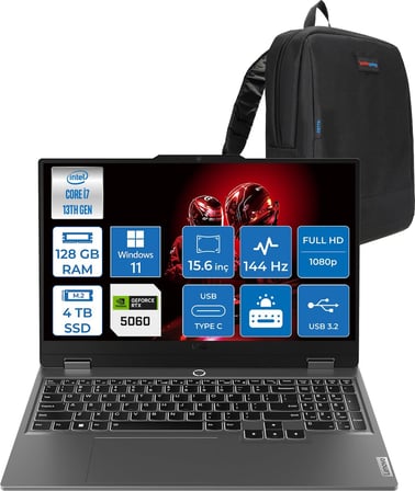 Lenovo Loq 15IRX10 Intel® Core I7-13650HX 128GB Ddr5 4tb SSD 15.6" 8GB/RTX5060 100W (1920X1080) IPS 300NITS 144Hz, G-Sync® WIN11PRO Gaming BILG.83JE00ETTRP35+ZETTAÇANTA