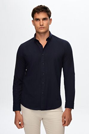 Ds Damat Slim Fit Lacivert Keten Görünümlü Gömlek 6HC02ORT63265