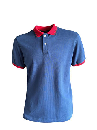 Polo Yaka Tshirt - SaxMavi/Kırmızı Yaka