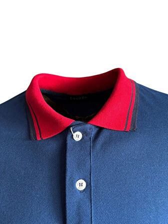 Polo Yaka Tshirt - SaxMavi/Kırmızı Yaka
