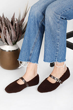 PELUŞ TÜYLÜ BİLEKTEN BAĞLAMALI KADIN EV AYAKKABISI BABET