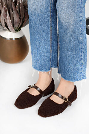 PELUŞ TÜYLÜ BİLEKTEN BAĞLAMALI KADIN EV AYAKKABISI BABET