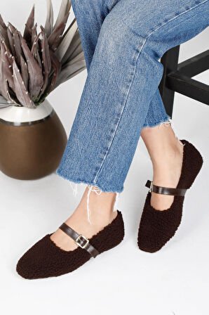 PELUŞ TÜYLÜ BİLEKTEN BAĞLAMALI KADIN EV AYAKKABISI BABET
