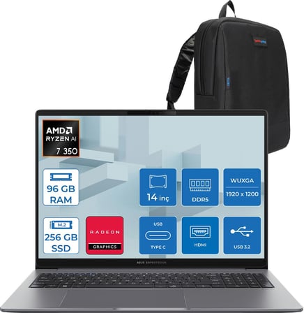 Asus Expertbook P3 PM3406CKA Ryzen Aı 7-350 96GB Ddr5 256GB SSD Radeon 860M 14.0-Inch, Wuxga (1920 x 1200) 300NITS Freedos Taşınabilir Bilgisayar PM3406CKAF26+ZETTAÇANTA