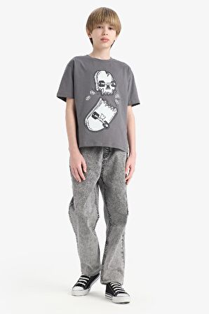 Erkek Çocuk Bisiklet Yaka Kaykay Baskılı Kısa Kollu Tişört