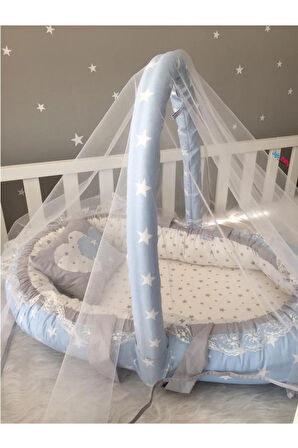 Nest Mavi -yıldız Desenli Cibinlik Ve Oyuncak Askılı Lüx Tasarım Jaju-babynest