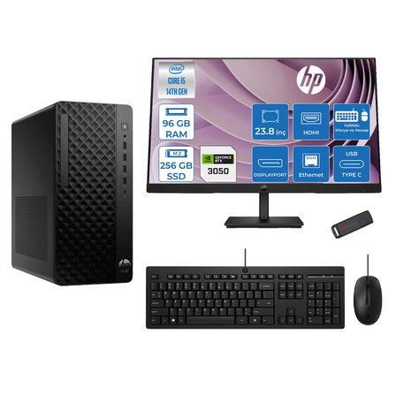 Hp Prodesk 2 Tower G1I Intel I5 14400 4,7 Ghz 96GB Ddr5 256GB SSD 6GB/RTX3050 Freedos Mini + 23.8 100Hz Fhd Monitör Tower Masaüstü Bilgisayar 24B70VQAT23F31+ZETTAUSBBELLEK