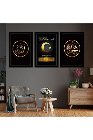 Gold Pleksi Kenar Üçlü Mdf Tablo Seti Saat Seti