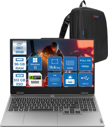 Lenovo Loq 15IRX10 Intel® Core I7-13700HX 96GB Ddr5 512GB SSD 15.6" 8GB/RTX5050 100W (1920X1080) IPS 300NITS 144Hz, G-Sync® WIN11HOME Gaming BILG.83JE00KMTRH27+ZETTAÇANTA