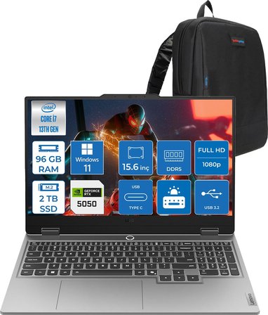 Lenovo Loq 15IRX10 Intel® Core I7-13700HX 96GB Ddr5 2tb SSD 15.6" 8GB/RTX5050 100W (1920X1080) IPS 300NITS 144Hz, G-Sync® WIN11PRO Gaming BILG.83JE00KMTRP29+ZETTAÇANTA