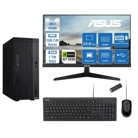 Asus Expertcenter D501MER  Intel® Core™ İ7-14700 128GB Ddr5 1tb SSD 4GB/GT1030  Freedos +23.8" 120Hz Monitör Mini Tower Masaüstü Bilgisayar 238WD501MER21F38+ZETTAUSBBELLEK