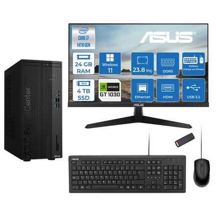 Asus Expertcenter D501MER  Intel® Core™ İ7-14700 24GB Ddr5 4tb SSD 4GB/GT1030  WIN11HOME +23.8" 120Hz Monitör Mini Tower Masaüstü Bilgisayar 238WD501MER21H10+ZETTAUSBBELLEK