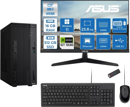 Asus Expertcenter D501MER  Intel® Core™ İ7-14700 16GB Ddr5 512GB SSD 4GB/GT1030  WIN11PRO +23.8" 120Hz Monitör Mini Tower Masaüstü Bilgisayar 238WD501MER21P02+ZETTAUSBBELLEK