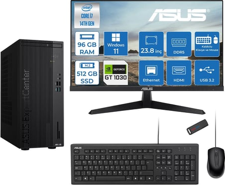 Asus Expertcenter D501MER  Intel® Core™ İ7-14700 96GB Ddr5 512GB SSD 4GB/GT1030  WIN11PRO +23.8" 120Hz Monitör Mini Tower Masaüstü Bilgisayar 238WD501MER21P32+ZETTAUSBBELLEK