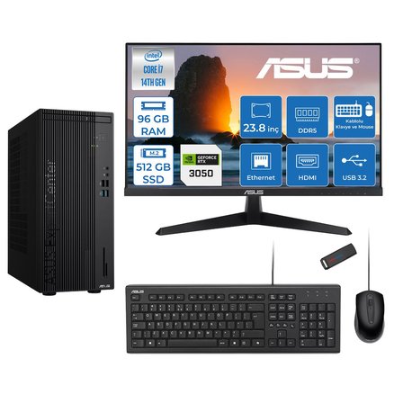 Asus Expertcenter D501MER  Intel® Core™ İ7-14700 96GB Ddr5 512GB SSD 6GB/RTX3050 Freedos +23.8" 120Hz Monitör Mini Tower Masaüstü Bilgisayar 238WD501MER23F32+ZETTAUSBBELLEK