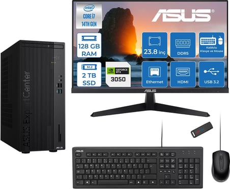 Asus Expertcenter D501MER  Intel® Core™ İ7-14700 128GB Ddr5 2tb SSD 6GB/RTX3050 Freedos +23.8" 120Hz Monitör Mini Tower Masaüstü Bilgisayar 238WD501MER23F39+ZETTAUSBBELLEK