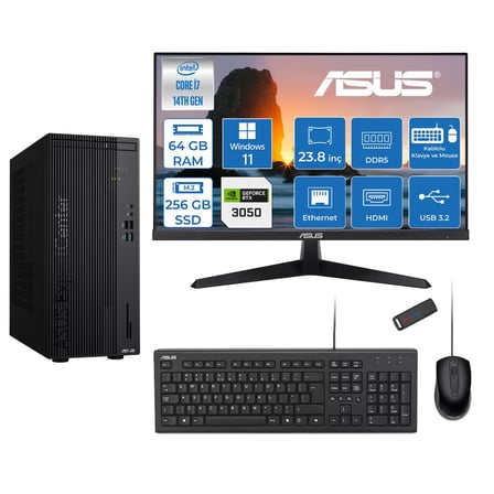 Asus Expertcenter D501MER  Intel® Core™ İ7-14700 64GB Ddr5 256GB SSD 6GB/RTX3050 WIN11HOME +23.8" 120Hz Monitör Mini Tower Masaüstü Bilgisayar 238WD501MER23H21+ZETTAUSBBELLEK