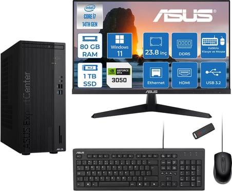Asus Expertcenter D501MER  Intel® Core™ İ7-14700 80GB Ddr5 1tb SSD 6GB/RTX3050 WIN11HOME +23.8" 120Hz Monitör Mini Tower Masaüstü Bilgisayar 238WD501MER23H28+ZETTAUSBBELLEK
