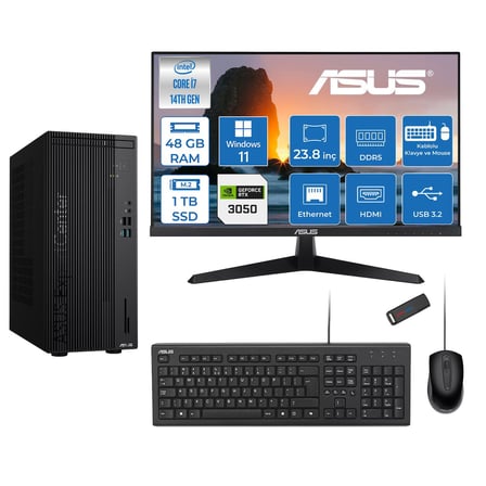 Asus Expertcenter D501MER  Intel® Core™ İ7-14700 48GB Ddr5 1tb SSD 6GB/RTX3050 WIN11PRO +23.8" 120Hz Monitör Mini Tower Masaüstü Bilgisayar 238WD501MER23P18+ZETTAUSBBELLEK