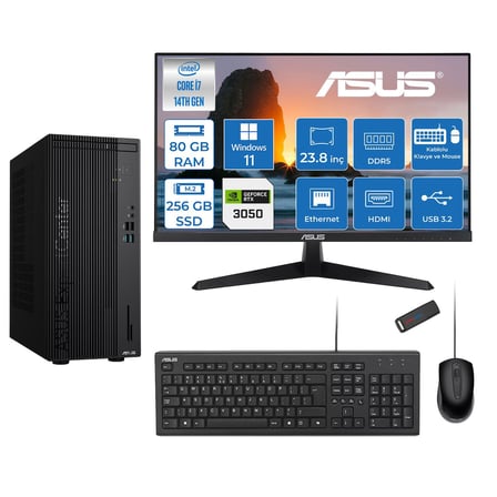 Asus Expertcenter D501MER  Intel® Core™ İ7-14700 80GB Ddr5 256GB SSD 6GB/RTX3050 WIN11PRO +23.8" 120Hz Monitör Mini Tower Masaüstü Bilgisayar 238WD501MER23P26+ZETTAUSBBELLEK