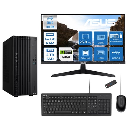 Asus Expertcenter D501MER  Intel® Core™ İ7-14700 64GB Ddr5 4tb SSD 8GB/RTX5050 Freedos +23.8" 120Hz Monitör Mini Tower Masaüstü Bilgisayar 238WD501MER27F25+ZETTAUSBBELLEK