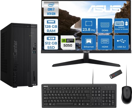 Asus Expertcenter D501MER  Intel® Core™ İ7-14700 128GB Ddr5 512GB SSD 8GB/RTX5050 Freedos +23.8" 120Hz Monitör Mini Tower Masaüstü Bilgisayar 238WD501MER27F37+ZETTAUSBBELLEK