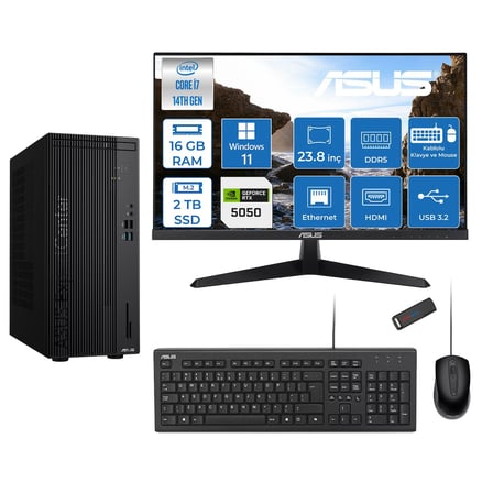 Asus Expertcenter D501MER  Intel® Core™ İ7-14700 16GB Ddr5 2tb SSD 8GB/RTX5050 WIN11HOME +23.8" 120Hz Monitör Mini Tower Masaüstü Bilgisayar 238WD501MER27H04+ZETTAUSBBELLEK
