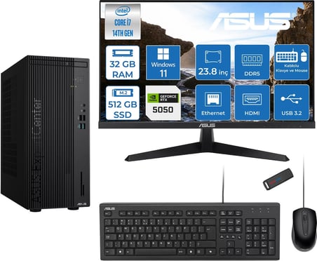 Asus Expertcenter D501MER  Intel® Core™ İ7-14700 32GB Ddr5 512GB SSD 8GB/RTX5050 WIN11HOME +23.8" 120Hz Monitör Mini Tower Masaüstü Bilgisayar 238WD501MER27H12+ZETTAUSBBELLEK