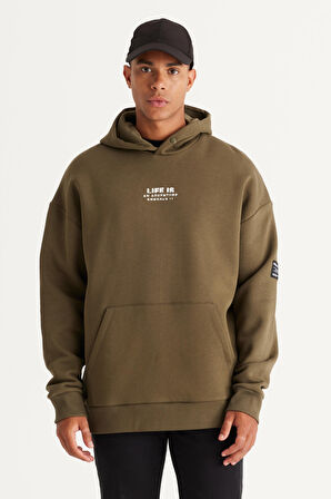 Erkek Haki Oversize Fit Bol Kesim Kapüşonlu Içi Polarlı 3 Iplik Pamuklu Sweatshirt