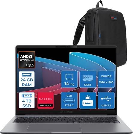 Asus Expertbook P3 PM3406CKA Ryzen Aı 5-330 24GB Ddr5 4tb SSD Radeon 820M 14.0-Inch, Wuxga (1920 x 1200) 300NITS Freedos Taşınabilir Bilgisayar PM3406CKA5F05+ZETTAÇANTA