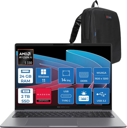 Asus Expertbook P3 PM3406CKA Ryzen Aı 5-330 24GB Ddr5 2tb SSD Radeon 820M 14.0-Inch, Wuxga (1920 x 1200) 300NITS WIN11HOME Taşınabilir Bilgisayar PM3406CKA5H04+ZETTAÇANTA