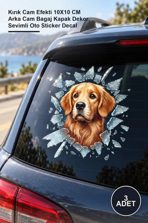 3 Adet Köpek Tasarımlı Araç Stickerı – Kırık Cam Efekti 10X10 CM Arka Cam Bagaj Kapak Dekor, Sevimli Oto Sticker Decal