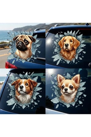 3 Adet Köpek Tasarımlı Araç Stickerı – Kırık Cam Efekti 10X10 CM Arka Cam Bagaj Kapak Dekor, Sevimli Oto Sticker Decal