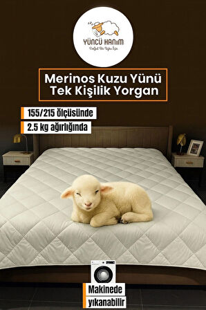 Tek Kişilik Merinos Kuzu Yünü Yorgan (%100 DOĞAL MERİNOS KUZU YÜNÜ) 155 X 215 Cm Ebat