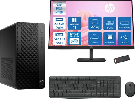 Hp Prodesk 2 Tower G1I Intel I5 14500  Up To 5,0ghz 32GB Ddr5 512GB SSD Intel® UHD Graphics 770 WIN11HOME Mini Tower +27" 100HZ Monitör Masaüstü Bilgisayar 27B6YE4ETH12+ZETTAUSBBELLEK