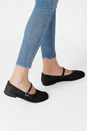 Kadın Babet File Çiçek Nakışlı Hafif Rahat Taban Şık Babet Ayakkabı Günlük Kadın Babet