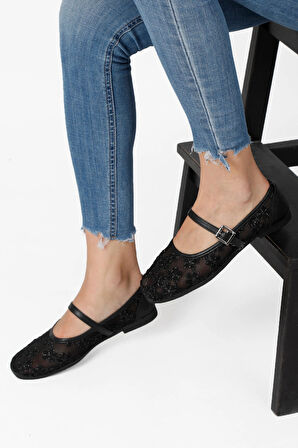 Kadın Babet File Çiçek Nakışlı Hafif Rahat Taban Şık Babet Ayakkabı Günlük Kadın Babet