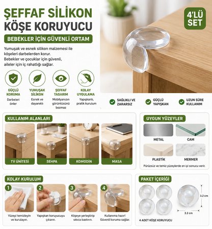 Şeffaf Silikon Top Şekilli Köşe Koruyucu | Bebek Güvenlik Masa Kenar Koruyucu 4'lü Set