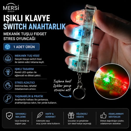 Işıklı Klavye Switch Anahtarlık Mekanik Tuşlu Fidget Stres Oyuncağı Şeffaf Tasarım