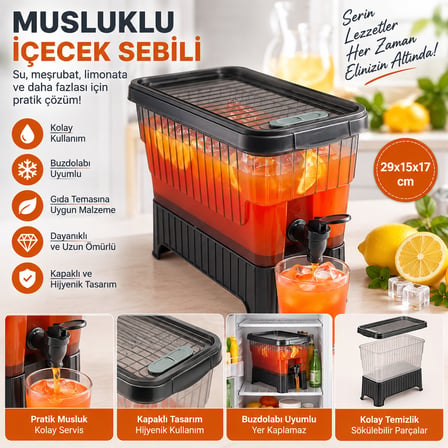 Musluklu Su ve Meşrubat Sebili Buzdolabı Uyumlu Kapaklı İçecek Dispenseri 29x15x17 cm