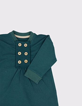 Bebek Önden Düğmeli ve Pileli Elbise-Saç Bandı 2 Parça Takım