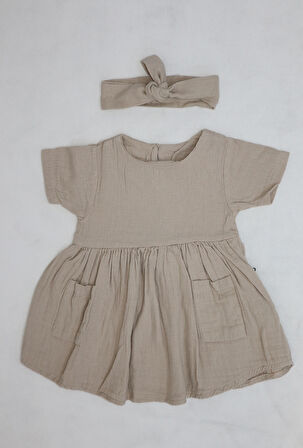 Bebek Muslin Çift Cepli Elbise ve Saç Bandı