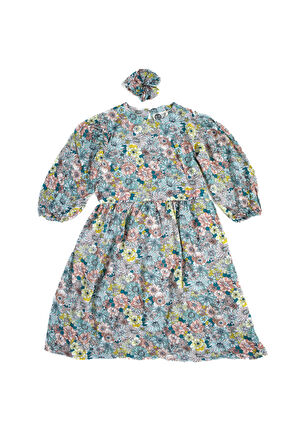 Büzgülü Kemerli ve Tokalı Genç Kız Pamuk Kumaş Elbise