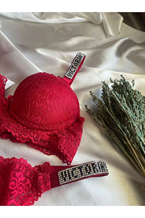 Kırmızı Dantelli Taşlı Balenli Destekli Sütyen Takım