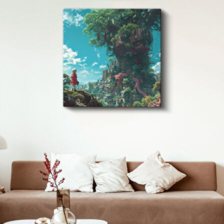 Yeşil Şehir - Kırmızı Elbise Anime Kanvas Tablo